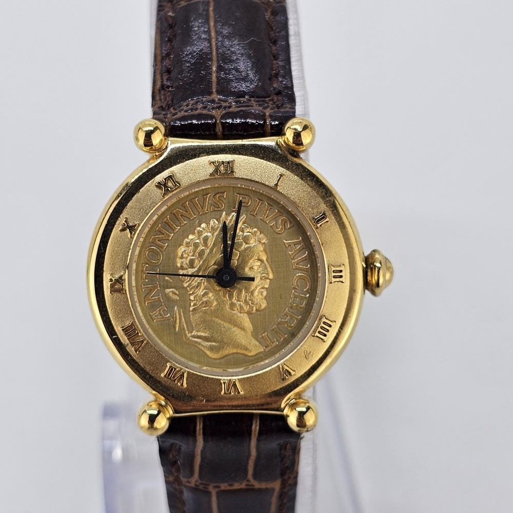 VTG Carolee Women Coin Watch 25MM Brown Leather Bands Up to 6.5" NEW Battery